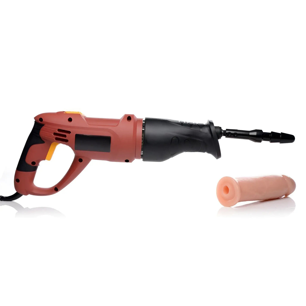 Red and black electric reciprocating saw with flesh-toned silicone attachment from bang-a-hole fucking kit