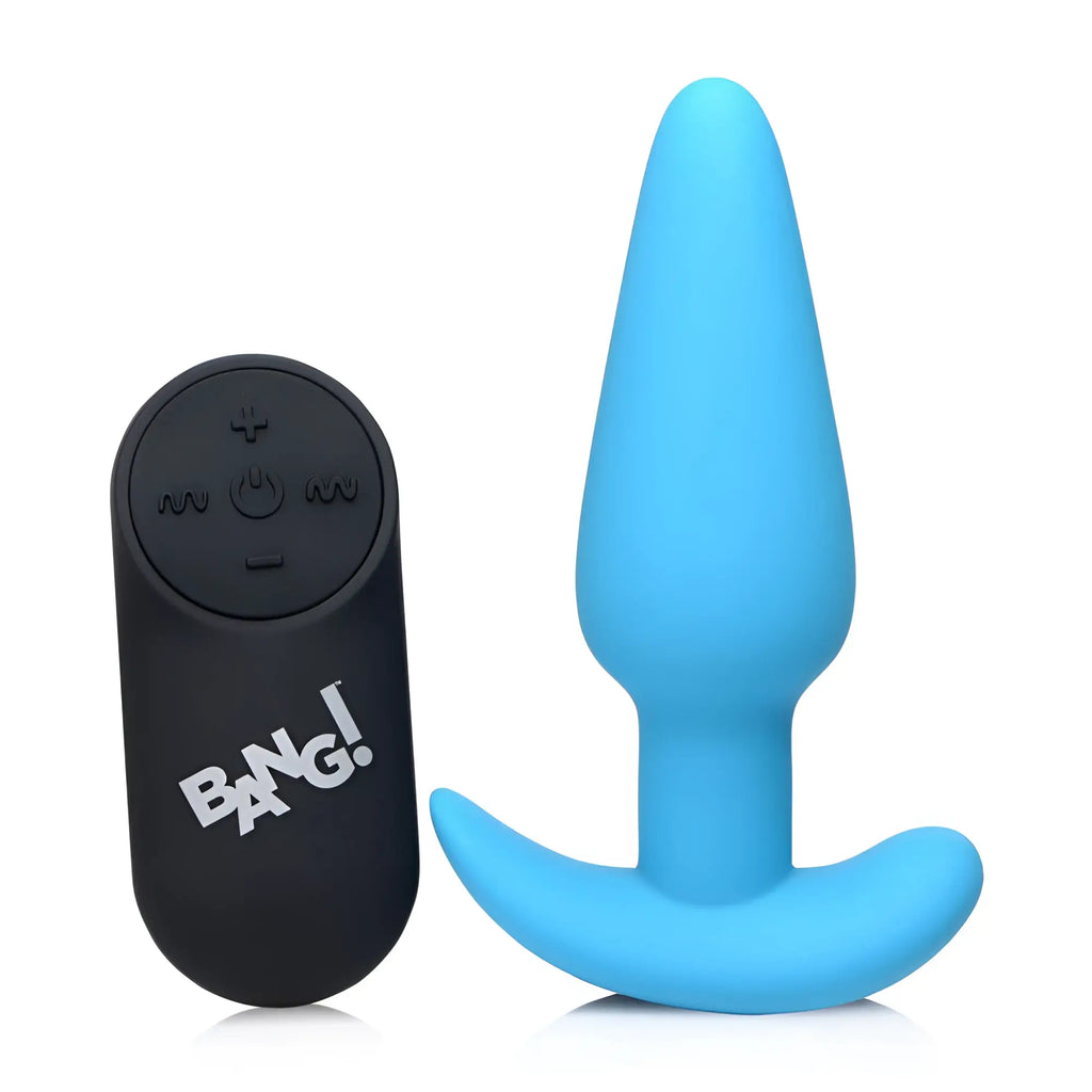 Bang Remote Control 21X Vibrating Silicone Butt Plug in bright blue, shown next to its black handheld remote controller.