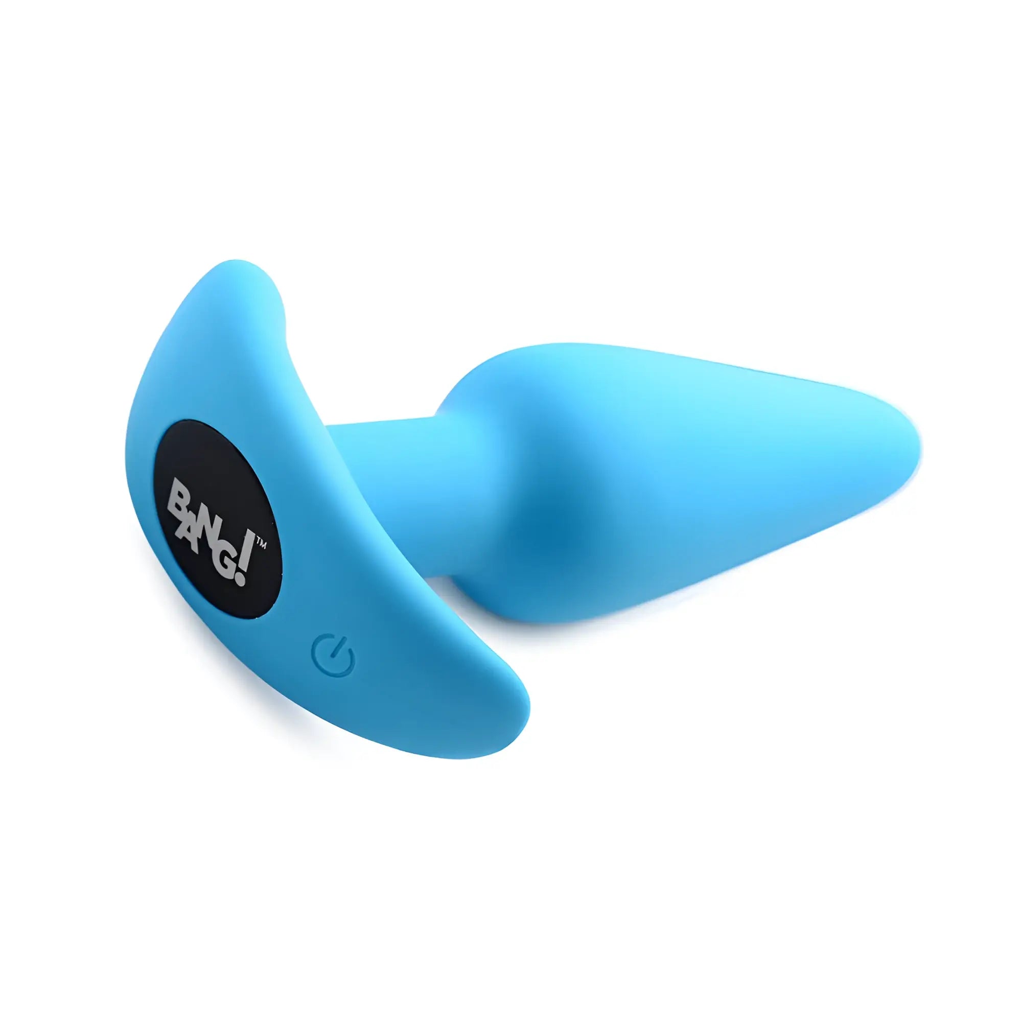 Bright blue Bang! vibrating silicone butt plug with a flared base, power button, and white logo on a black center.