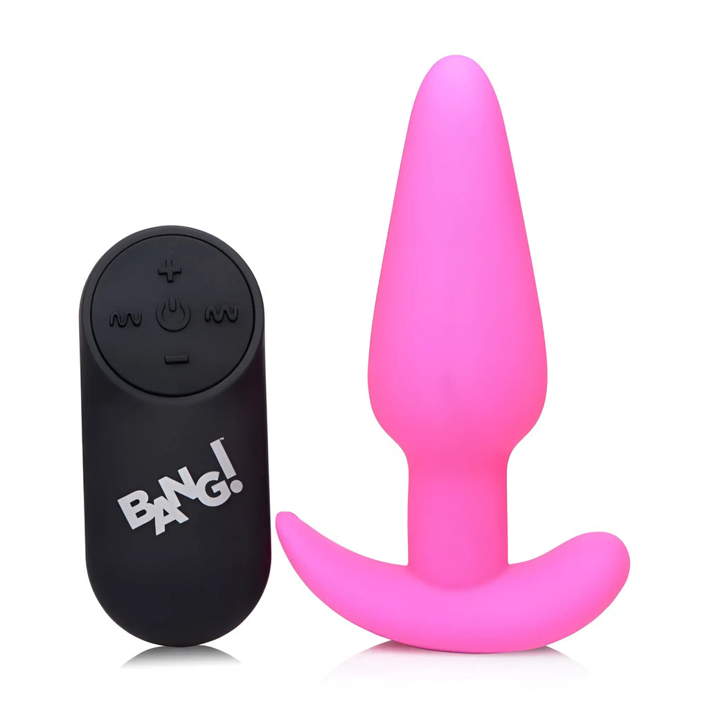 Bang Remote Control 21X Vibrating Silicone Butt Plug: A bright pink silicone plug paired with a black remote control.