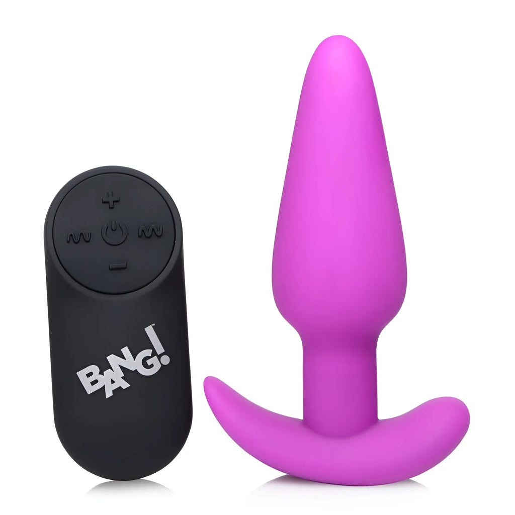 Bang 21X vibrating purple silicone butt plug paired with a black handheld remote control on a white background.