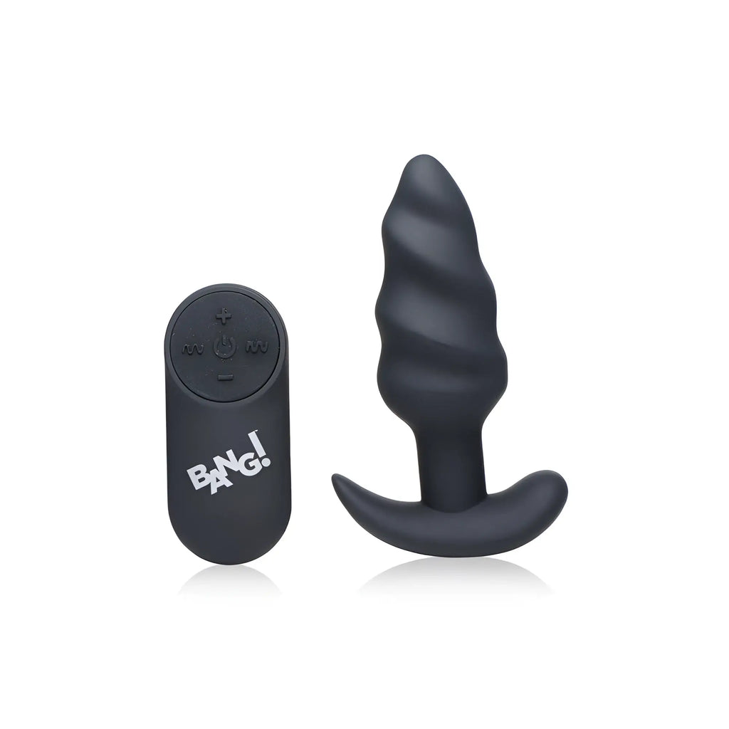Bang Remote Control 21X: A black, silicone, swirl-textured butt plug with a matching remote control on white background.