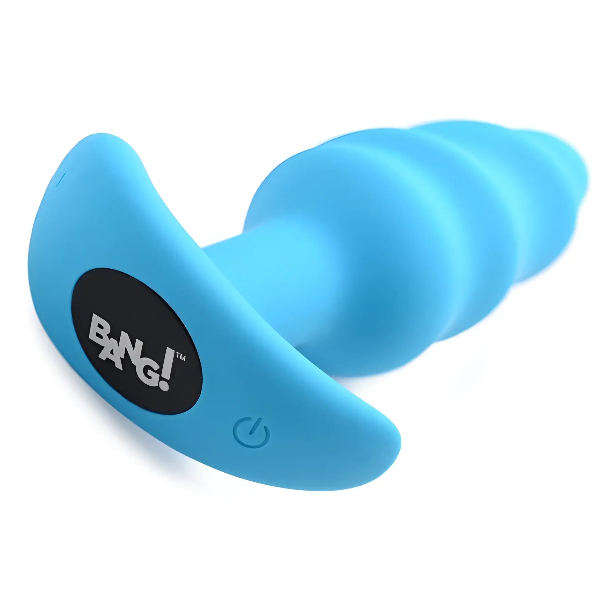 Bright blue, silicone Bang vibrating butt plug with a ridged, spiral design and branded base with a power button.