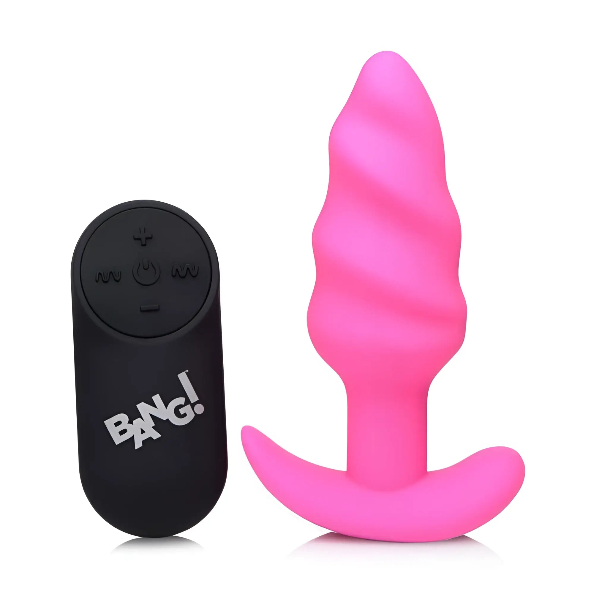 Bang Remote Control 21X Vibrating Silicone Swirl Butt Plug: a bright pink swirl-textured plug with a black remote.
