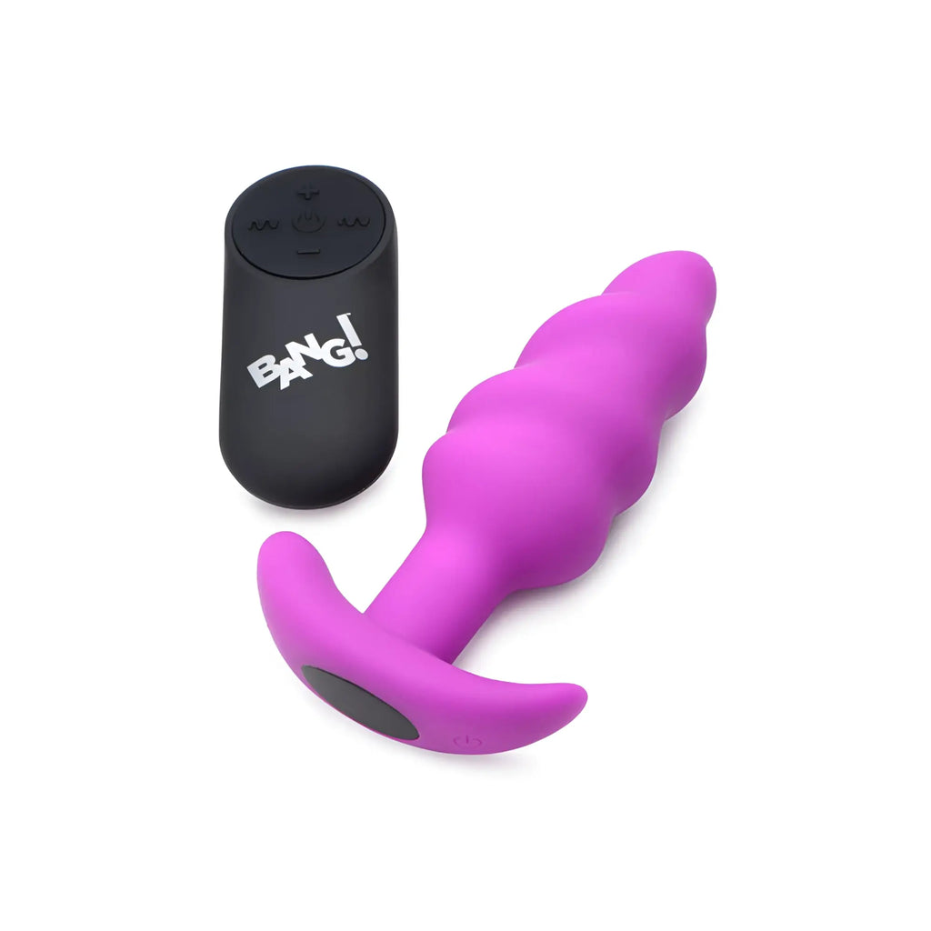 Bang Remote Control 21X: A purple, spiraled silicone butt plug with a matching remote control on a white background.