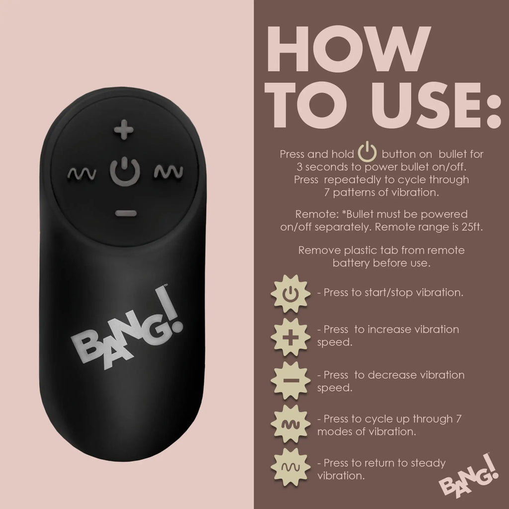 Black Bang Remote Control with button icons and instructions for use listed on the side.