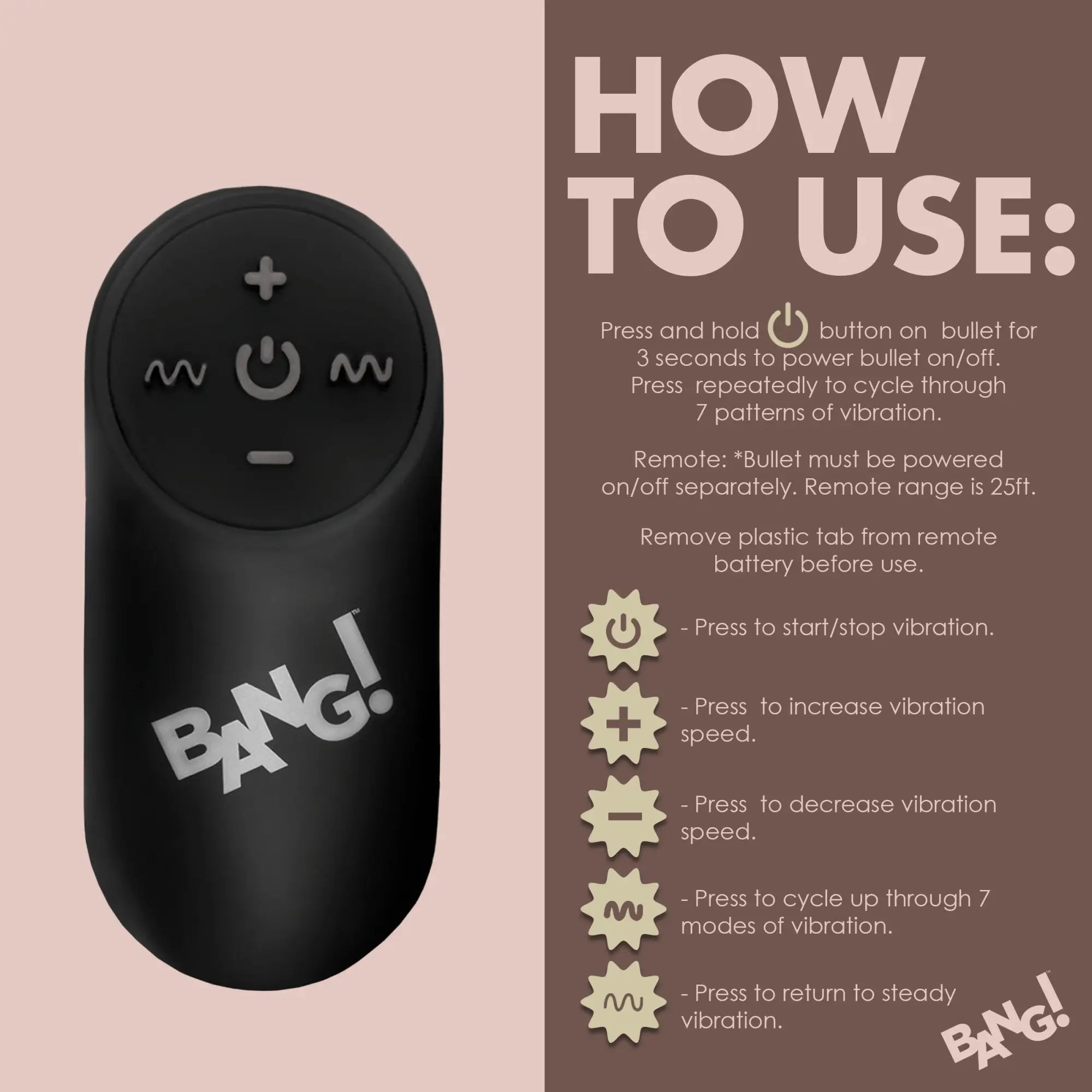 Black Bang Remote Control with button icons and instructions for use listed on the side.