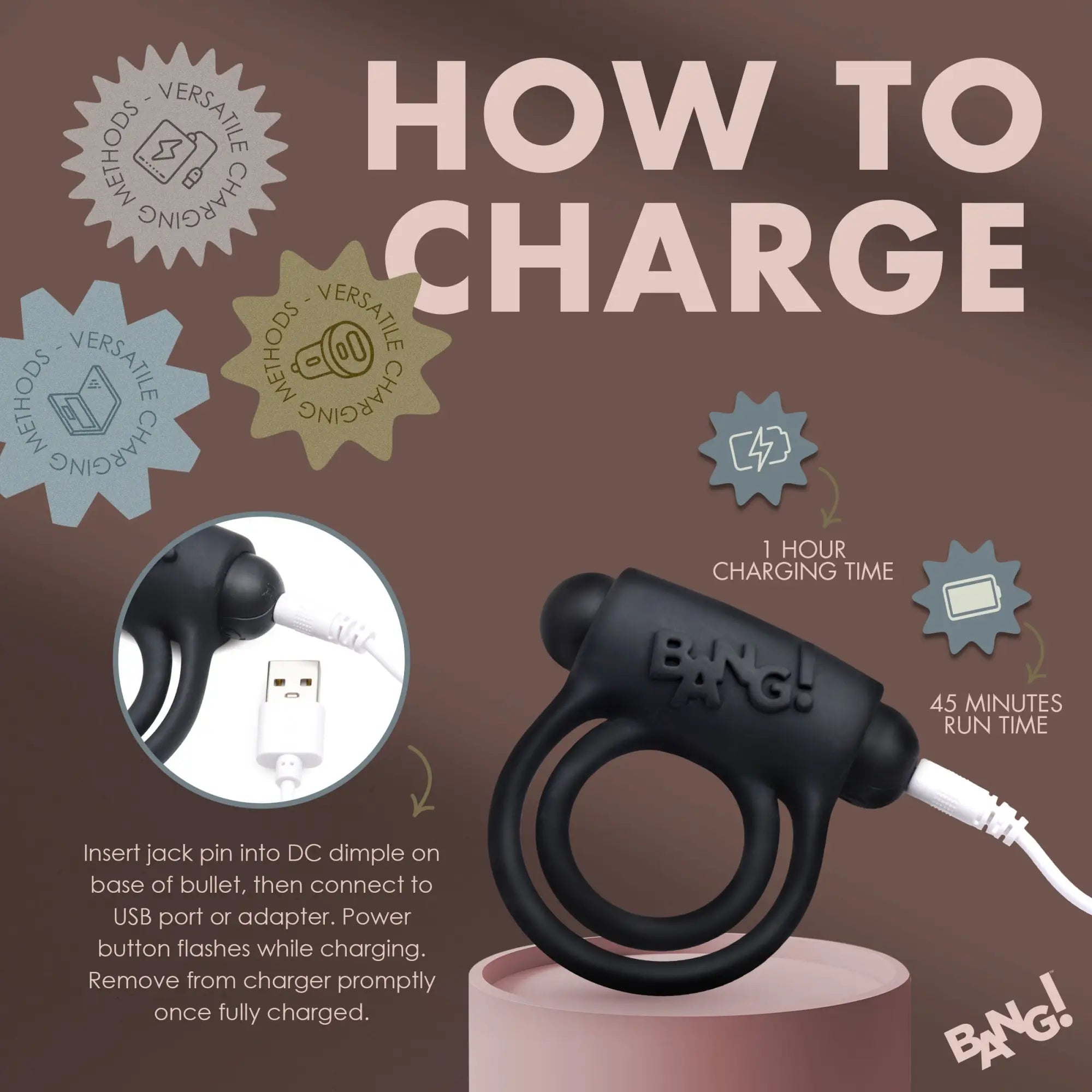 Bang Remote Control 28X vibrating cock ring in black, showing how to connect the charging cable to the device.