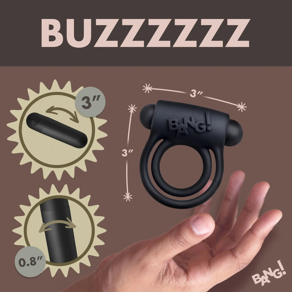 Bang Remote Control 28X black vibrating cock ring and bullet displayed with size measurements on a brown background.