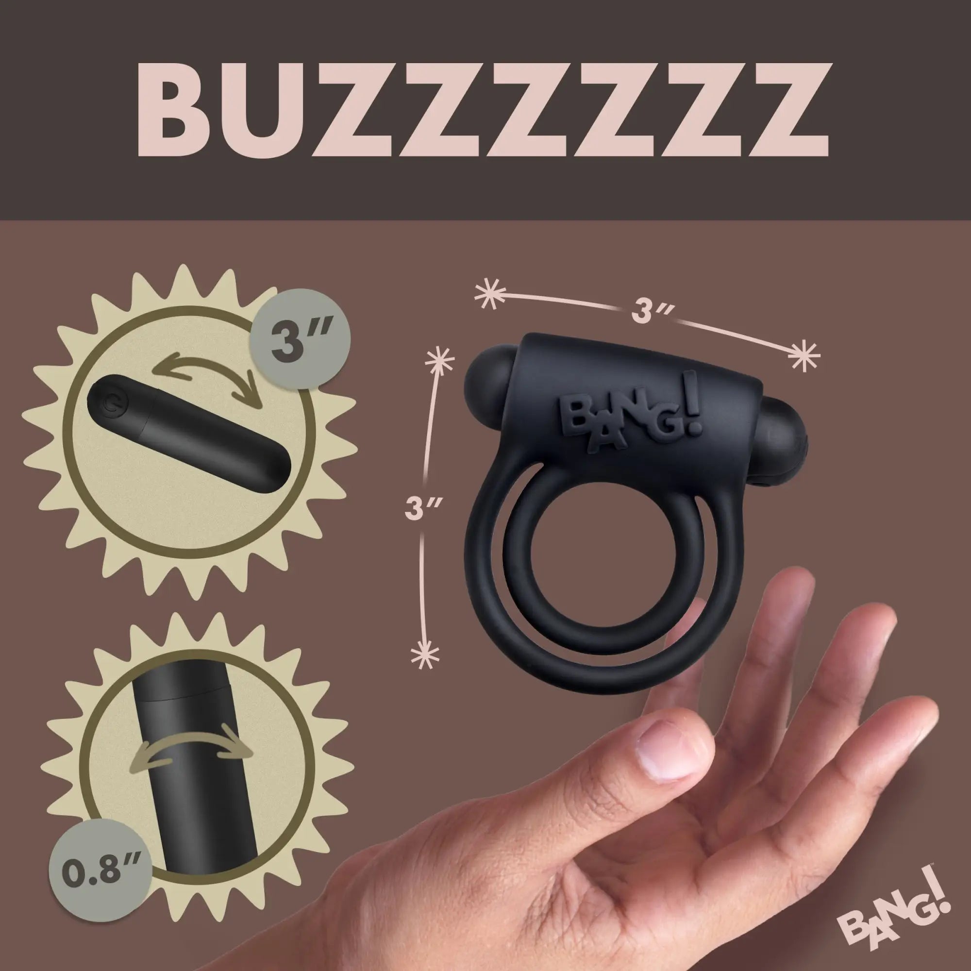 Bang Remote Control 28X black vibrating cock ring and bullet displayed with size measurements on a brown background.