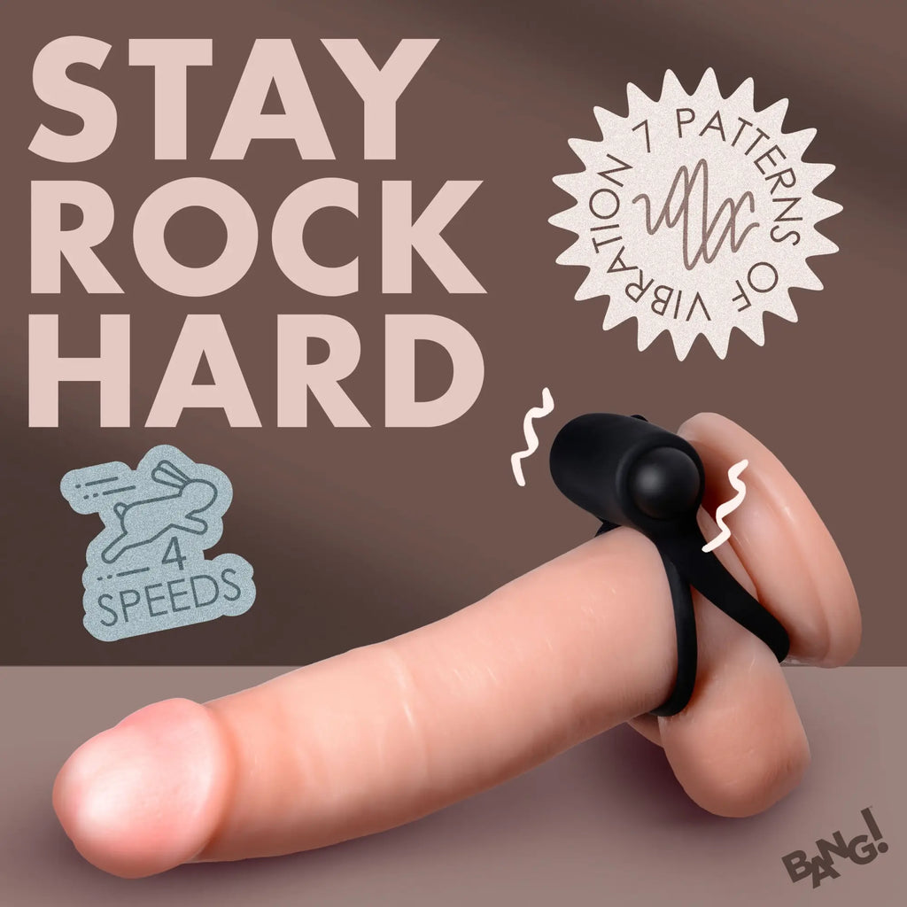 Bang Remote Control 28X vibrating cock ring and bullet in black, shown on a phallic model with motion vibration lines.