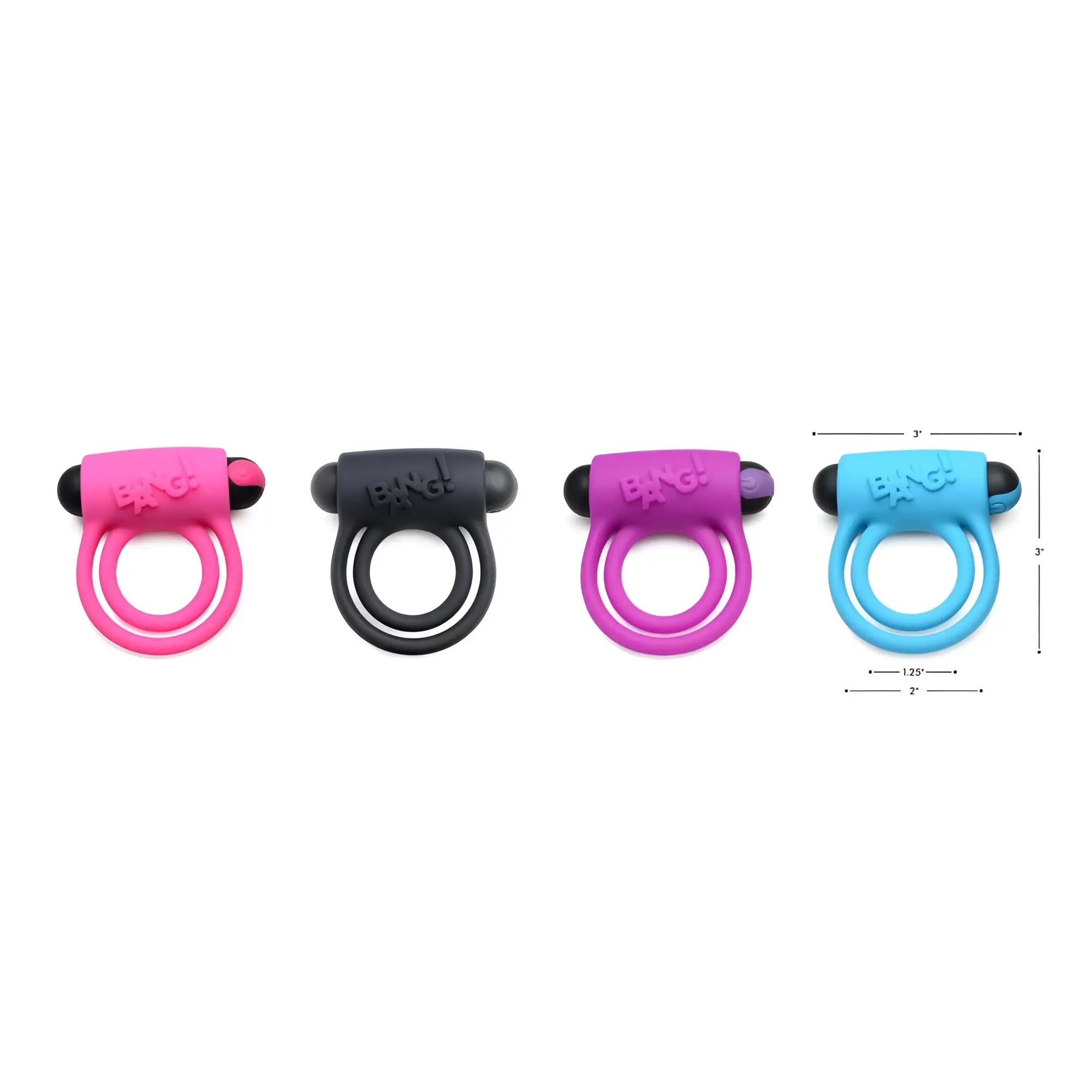 Bang Remote Control 28X vibrating cock rings and bullets in pink, black, purple, and blue with size dimensions.