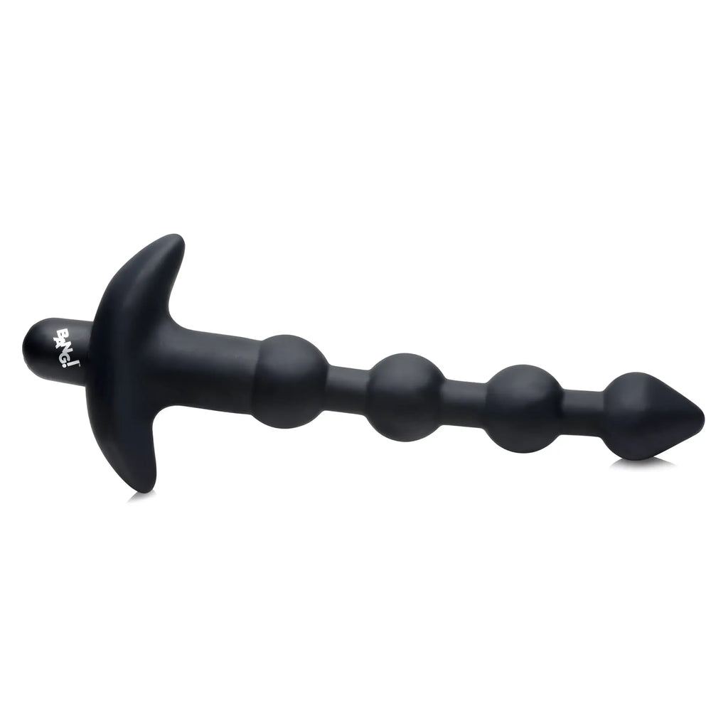 Bang Remote Control Vibrating Silicone Anal Beads: black, flexible beaded probe with a T-shaped base and brand logo.
