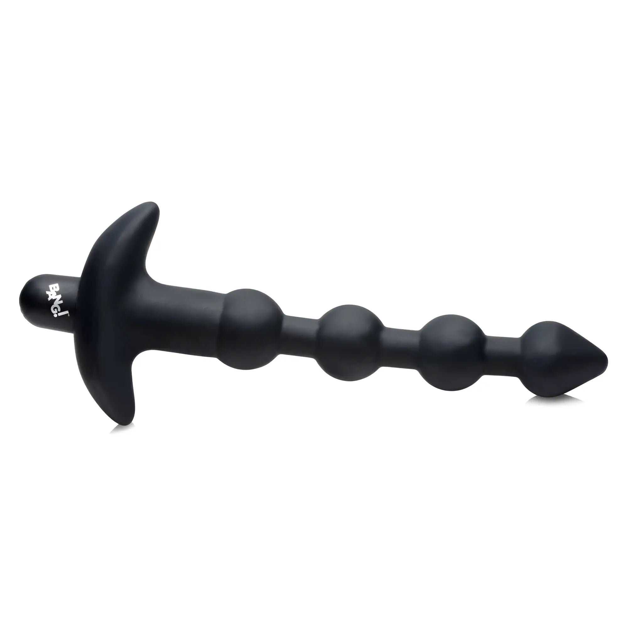 Bang Remote Control Vibrating Silicone Anal Beads: black, flexible beaded probe with a T-shaped base and brand logo.