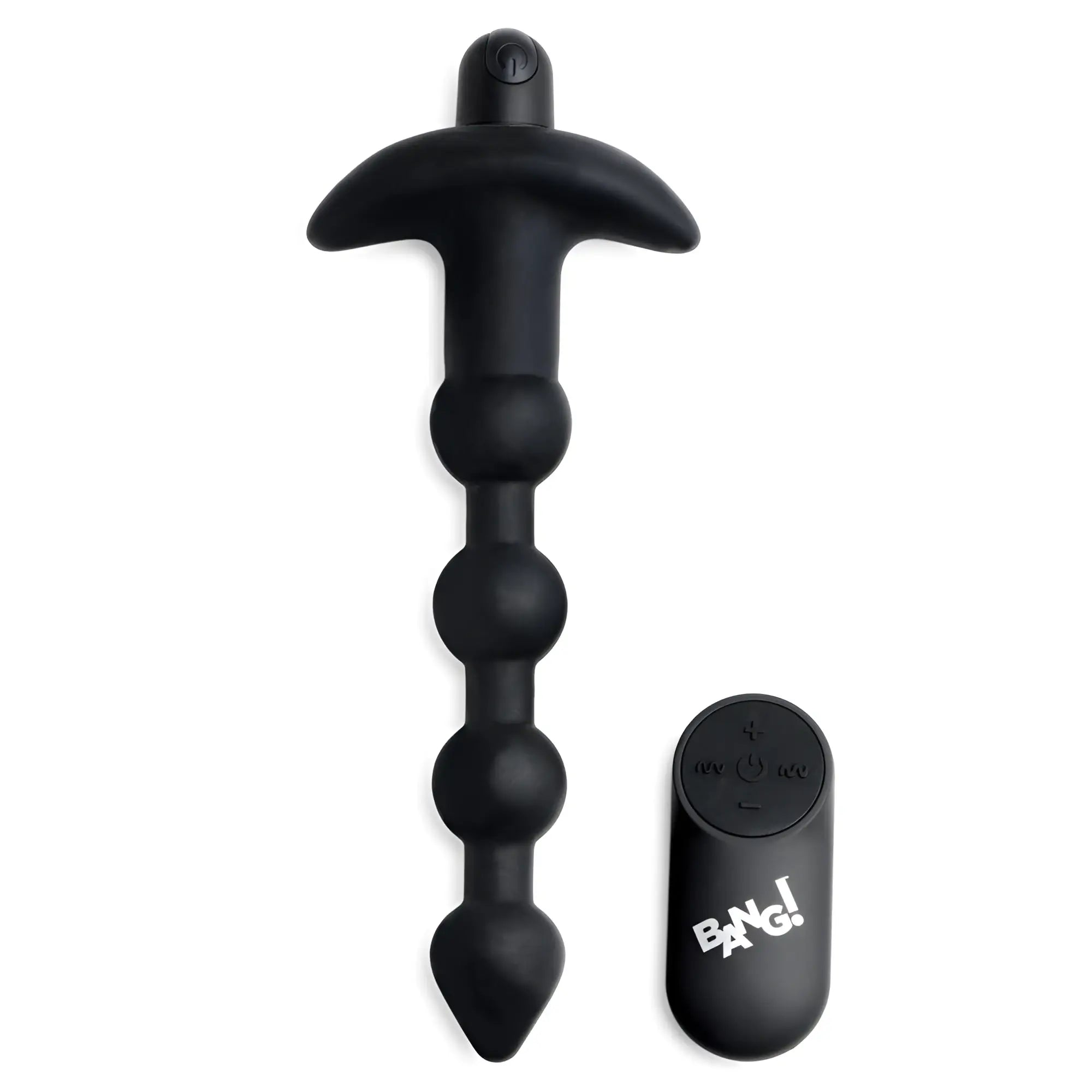 Black silicone Bang vibrating anal beads with a T-shaped handle and a matching wireless remote control on white.