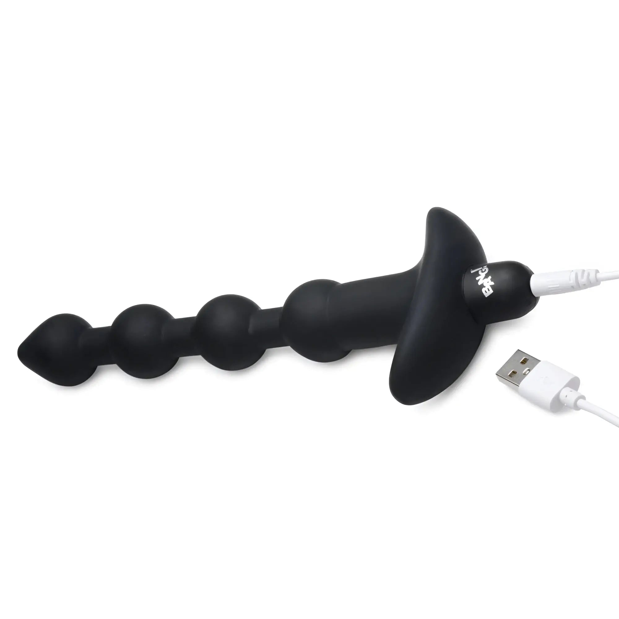 Bang Remote Control black silicone anal beads with a flared base and attached white USB charging cable.