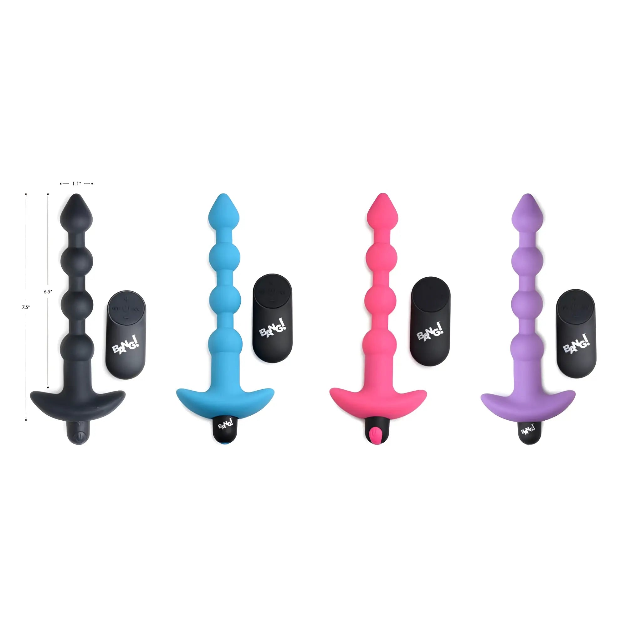 Four Bang vibrating silicone anal bead sets with remotes in black, blue, pink, and purple against a white background.