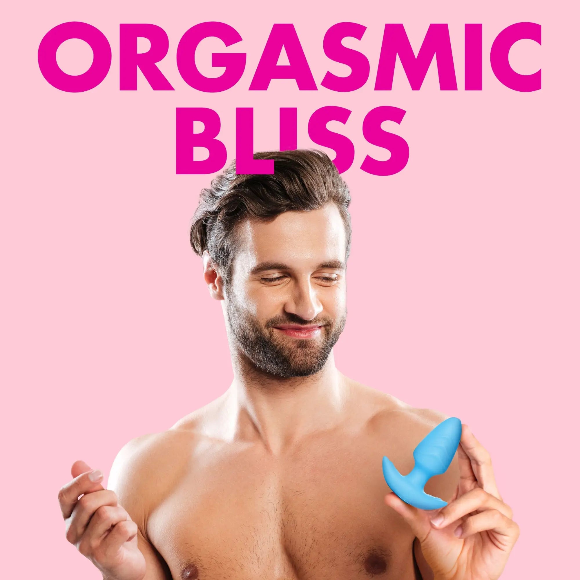 A man smiles while holding a light blue, ribbed Bang silicone butt plug against a pink background with bold text.