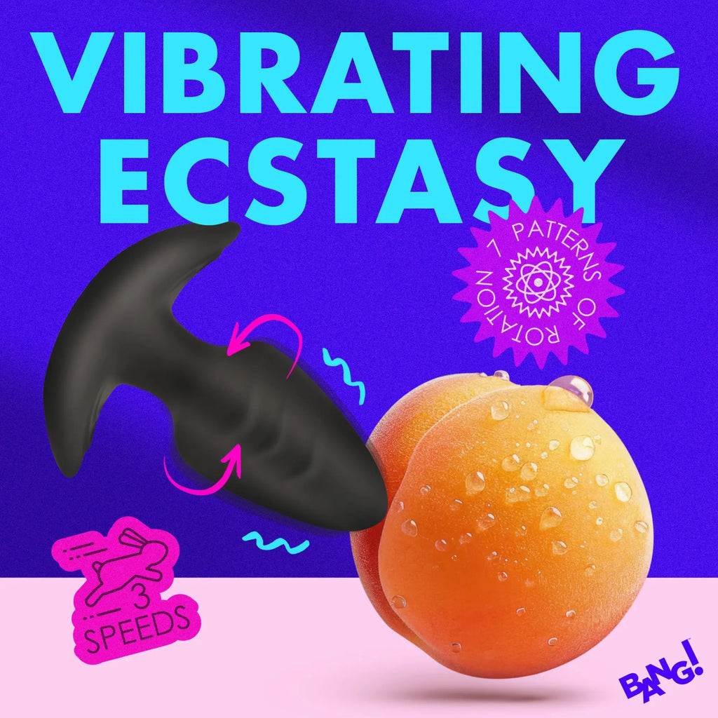 Black Bang silicone butt plug next to a peach on a purple background, highlighting vibration and rotation features.