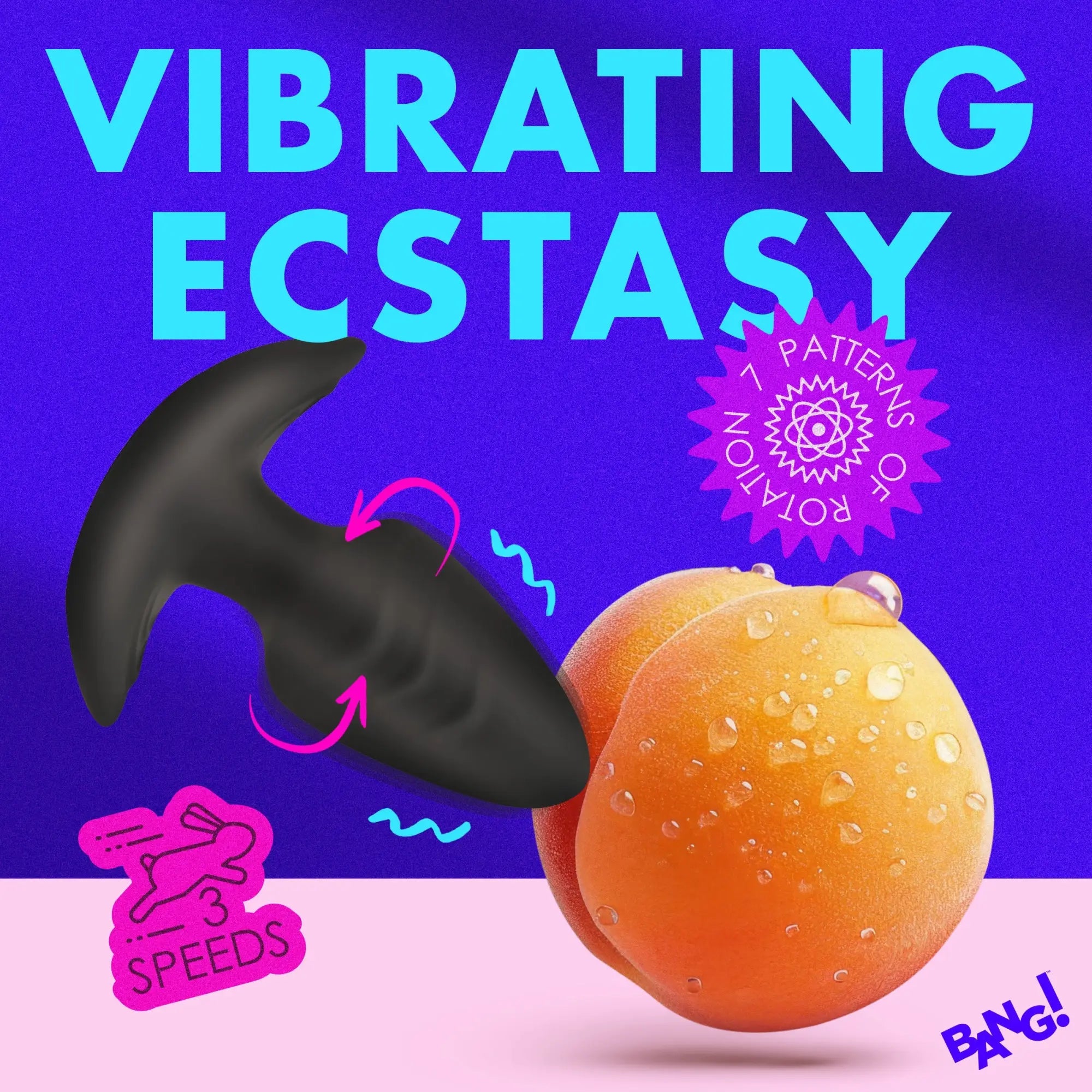 Black Bang silicone butt plug next to a peach on a purple background, highlighting vibration and rotation features.