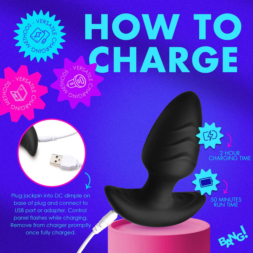 Bang black silicone butt plug on a pink stand, with a charging cable inserted and instructions on a purple background.