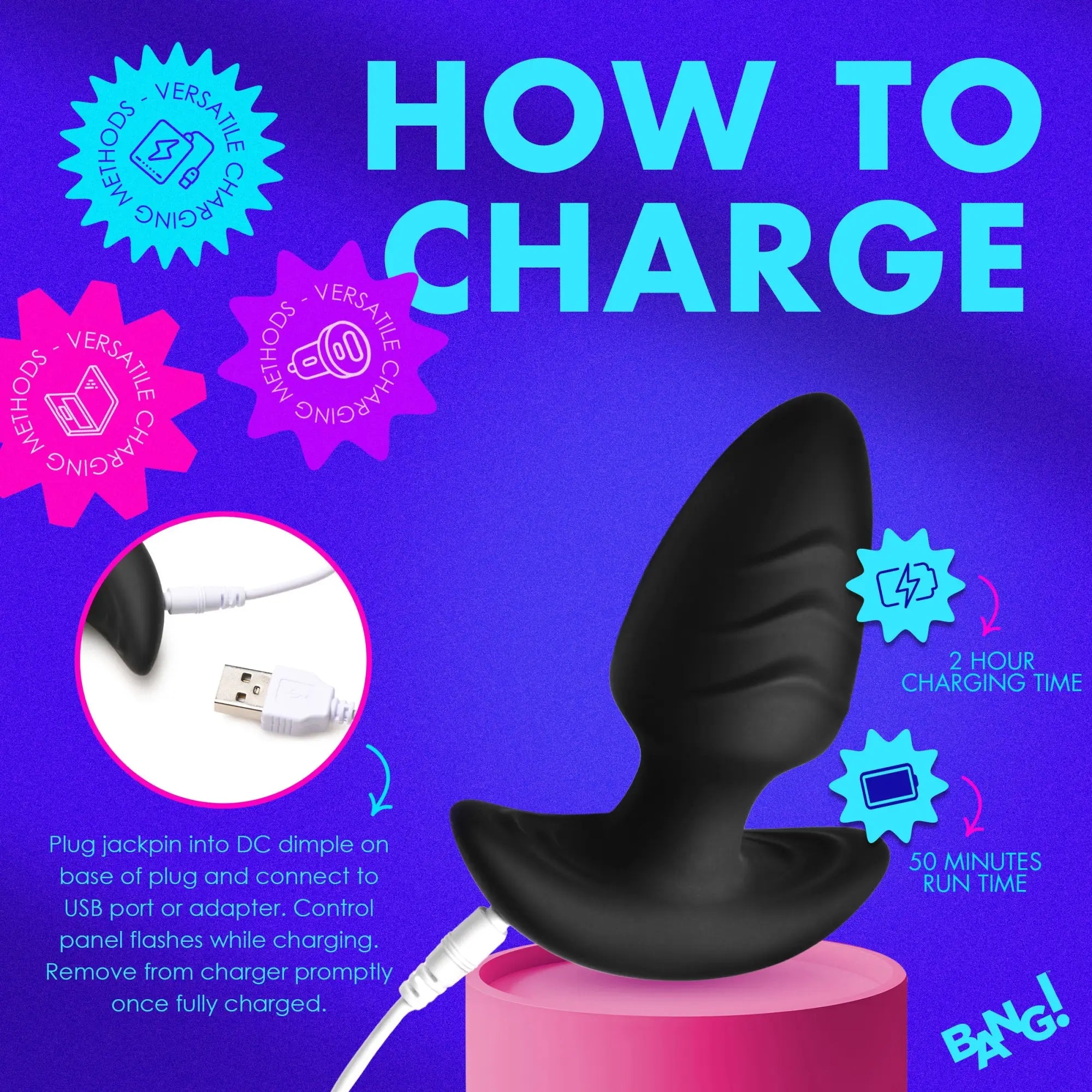 Bang black silicone butt plug on a pink stand, with a charging cable inserted and instructions on a purple background.