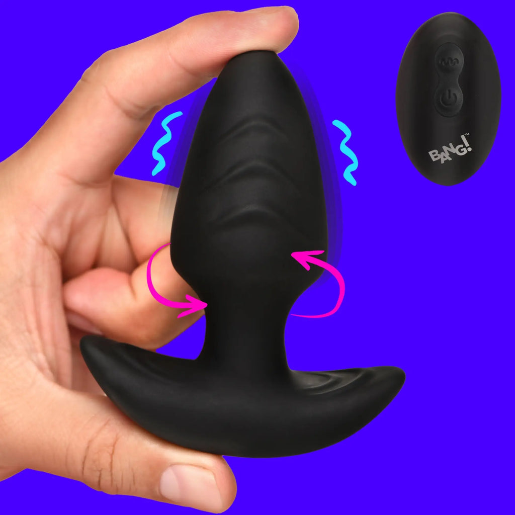 Hand holding a black Bang rotating, vibrating silicone butt plug with motion graphics on a purple background.