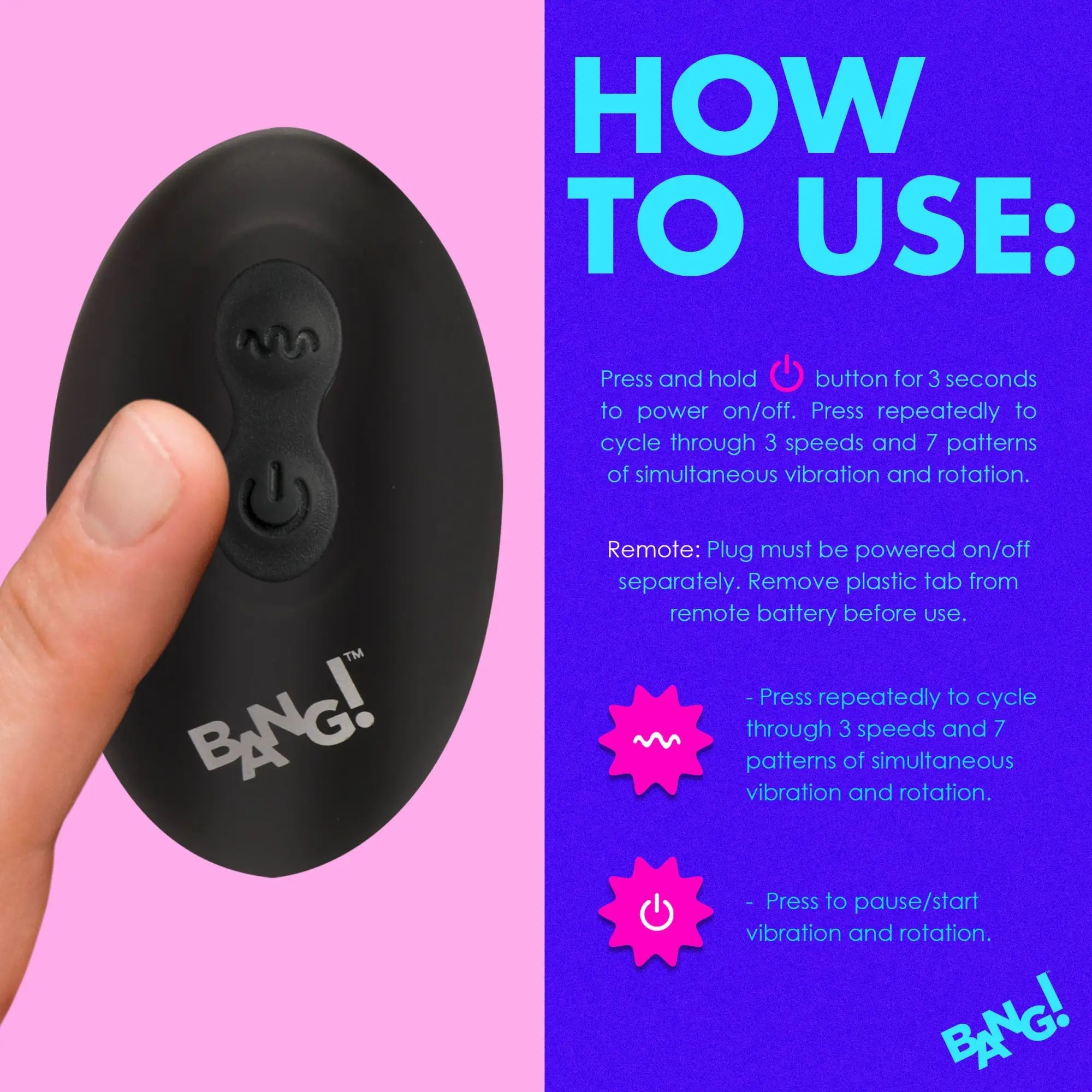 Bang Rotating and Vibrating Butt Plug: black oval remote with two buttons, held by a hand, against a purple instruction.