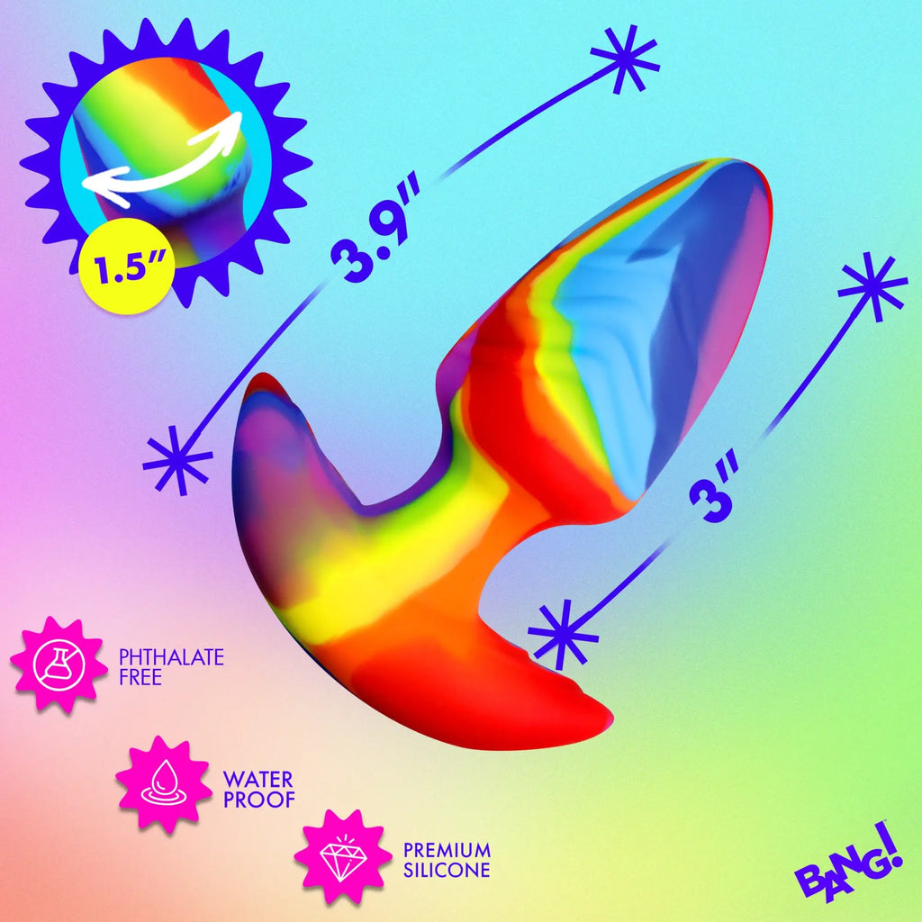 Bang Rotating and Vibrating Silicone Butt Plug in a rainbow tie-dye pattern, showing dimensions and key product icons.