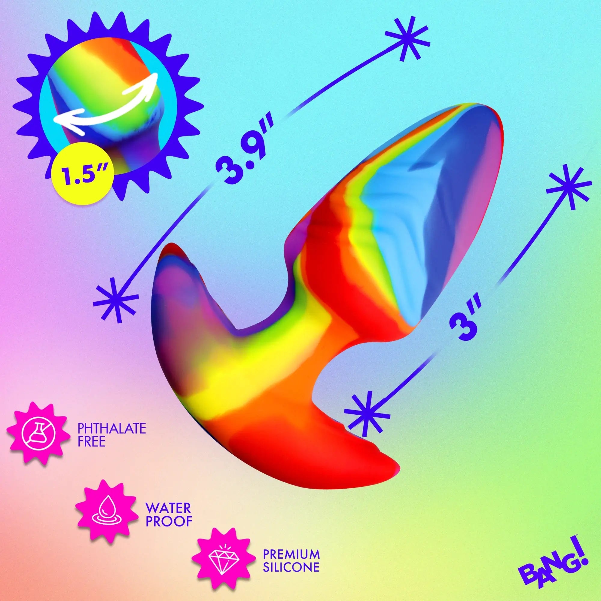 Bang Rotating and Vibrating Silicone Butt Plug in a rainbow tie-dye pattern, showing dimensions and key product icons.