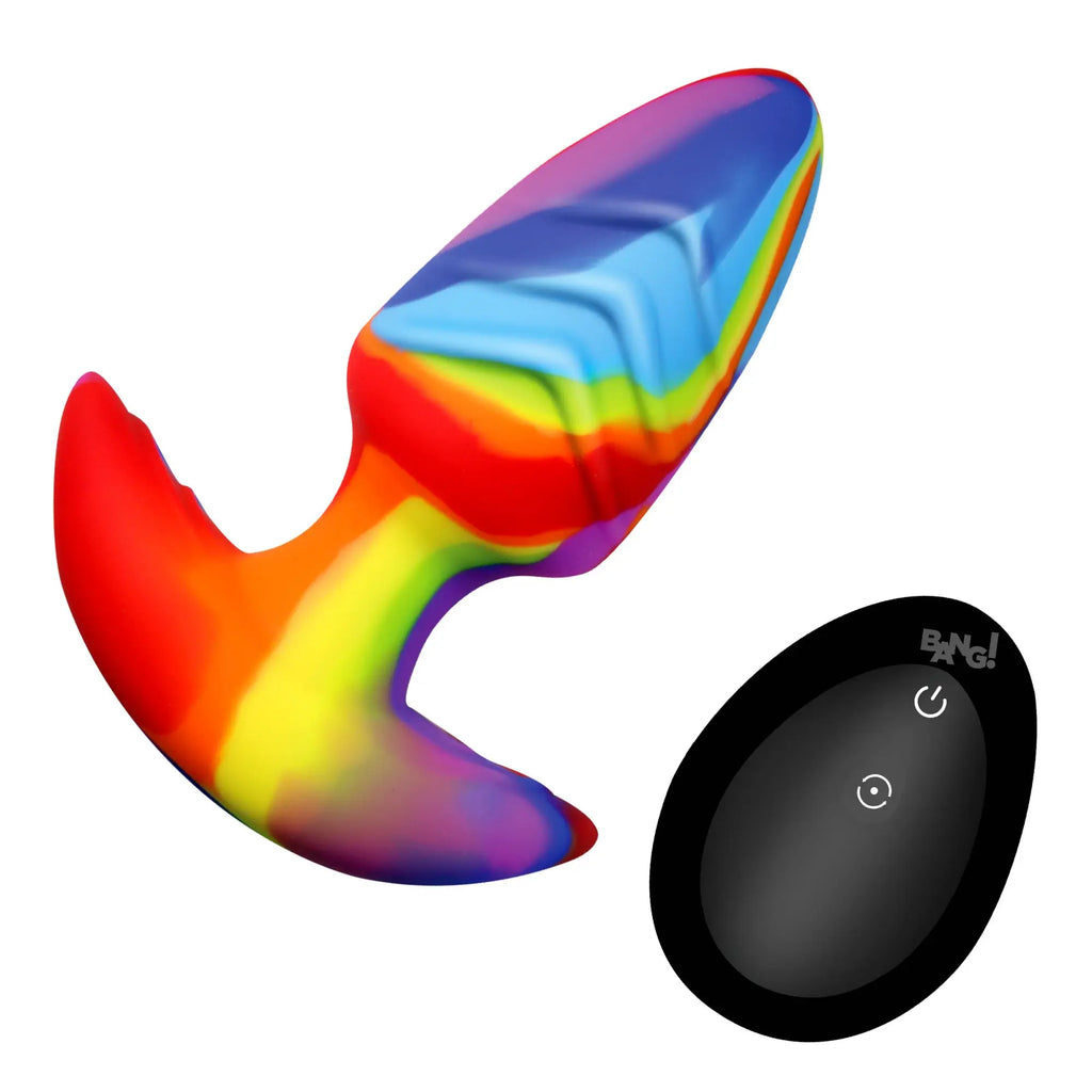 Bang Rotating and Vibrating Silicone Butt Plug in a rainbow-swirl pattern with a black remote control.