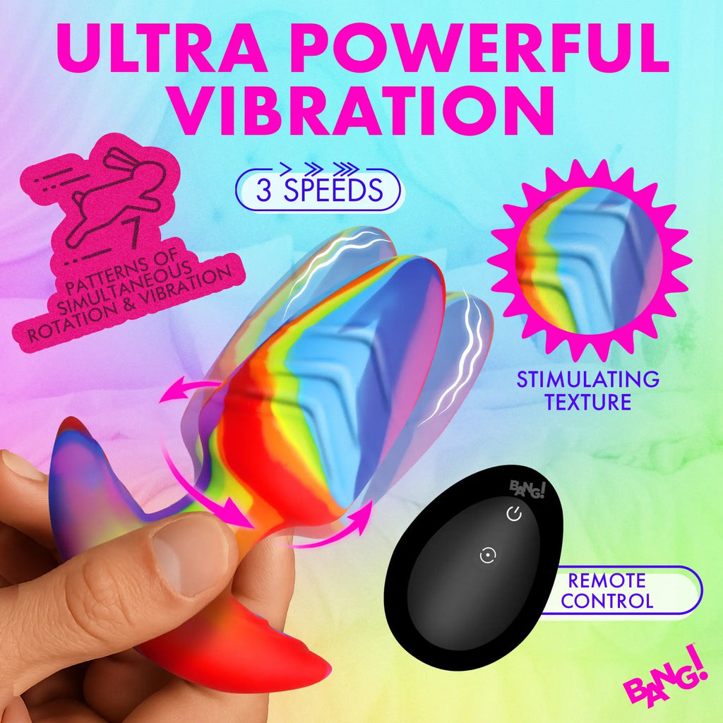 Bang rainbow silicone rotating, vibrating butt plug with remote control, featuring textured, multi-colored design.
