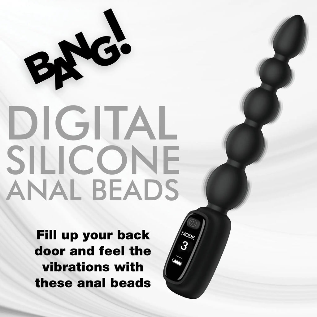 Bang black silicone anal beads with a digital display base showing mode 3, set against a white marketing background.
