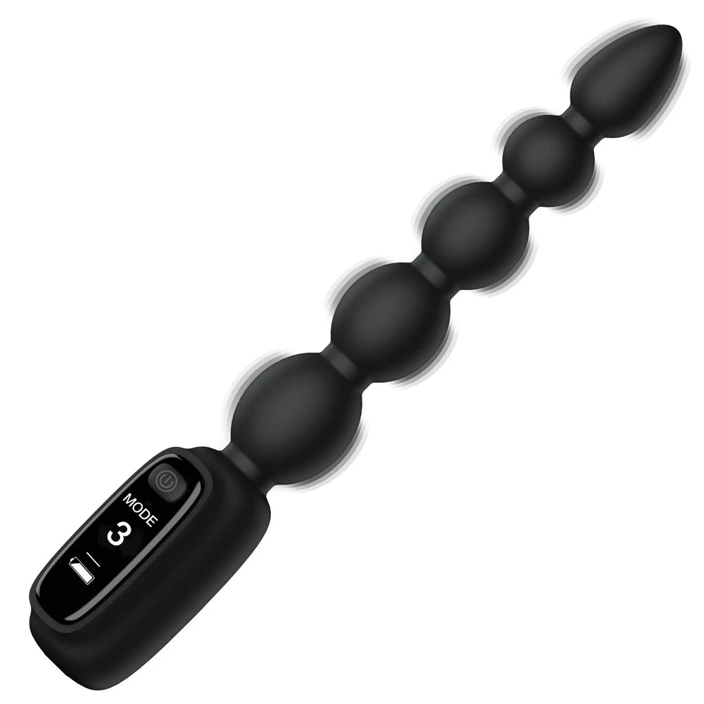 Black Bang silicone anal beads with a digital display showing mode 3 and battery level on a white background.