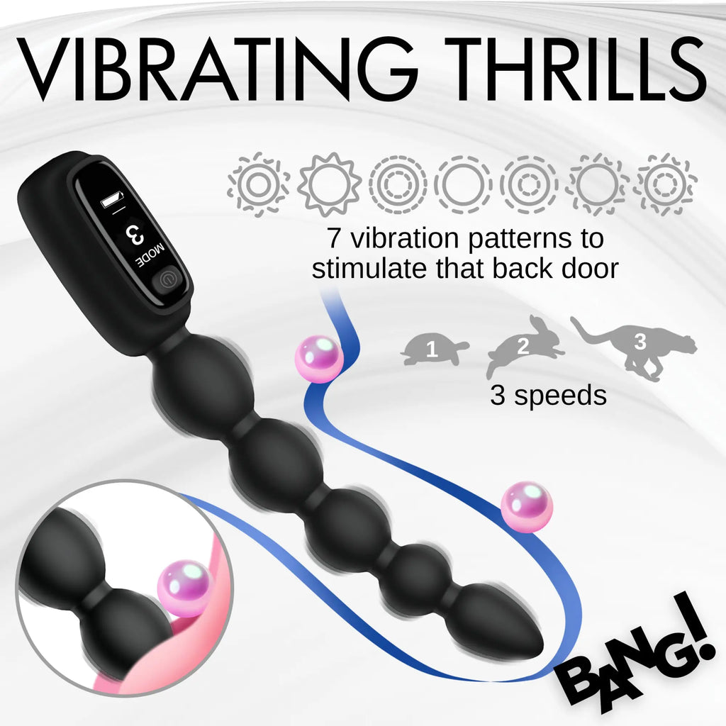 Black Bang silicone anal beads with a digital display, featuring 7 vibration patterns and 3 speed settings.