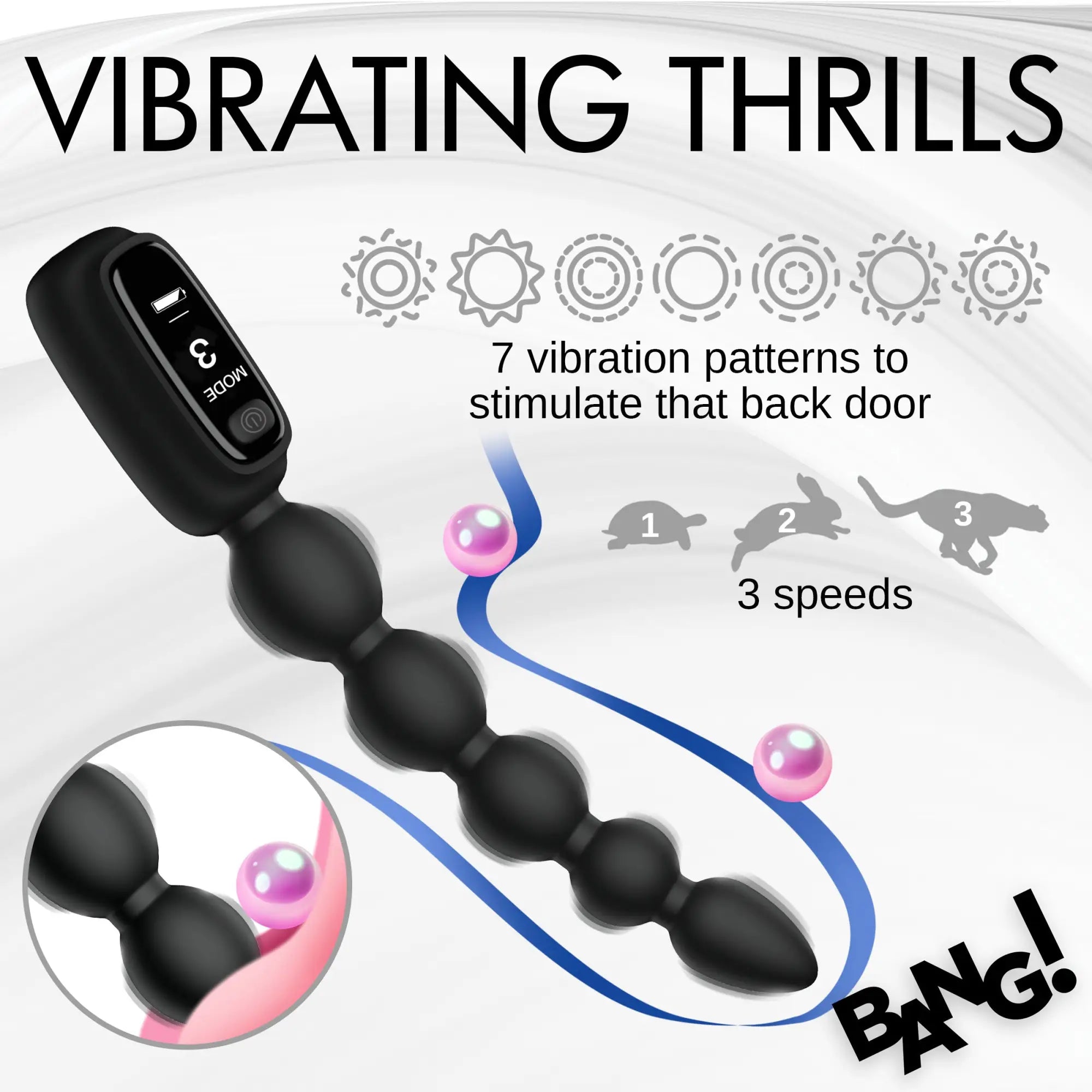 Black Bang silicone anal beads with a digital display, featuring 7 vibration patterns and 3 speed settings.