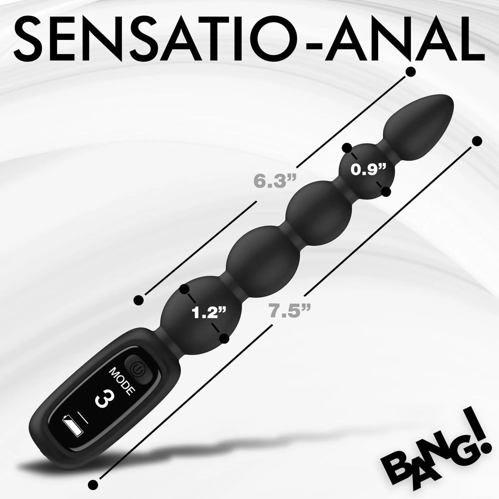 Black Bang silicone anal beads with a digital display showing mode and battery, labeled with dimensions on a white back.