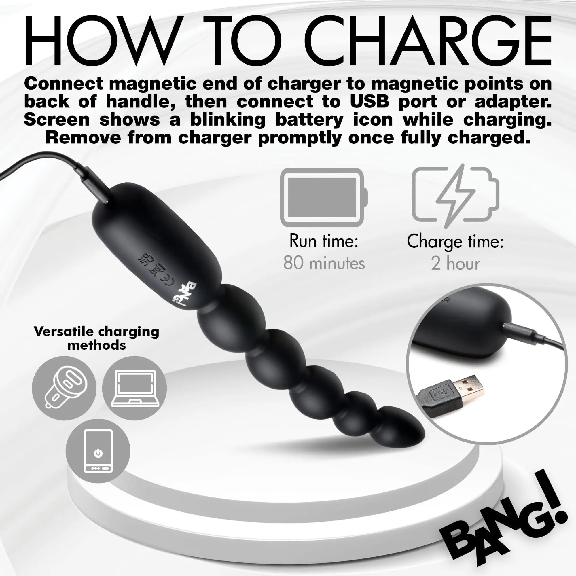Bang Silicone Anal Beads in black, shown with a magnetic USB charging cable, battery specs, and usage instructions.