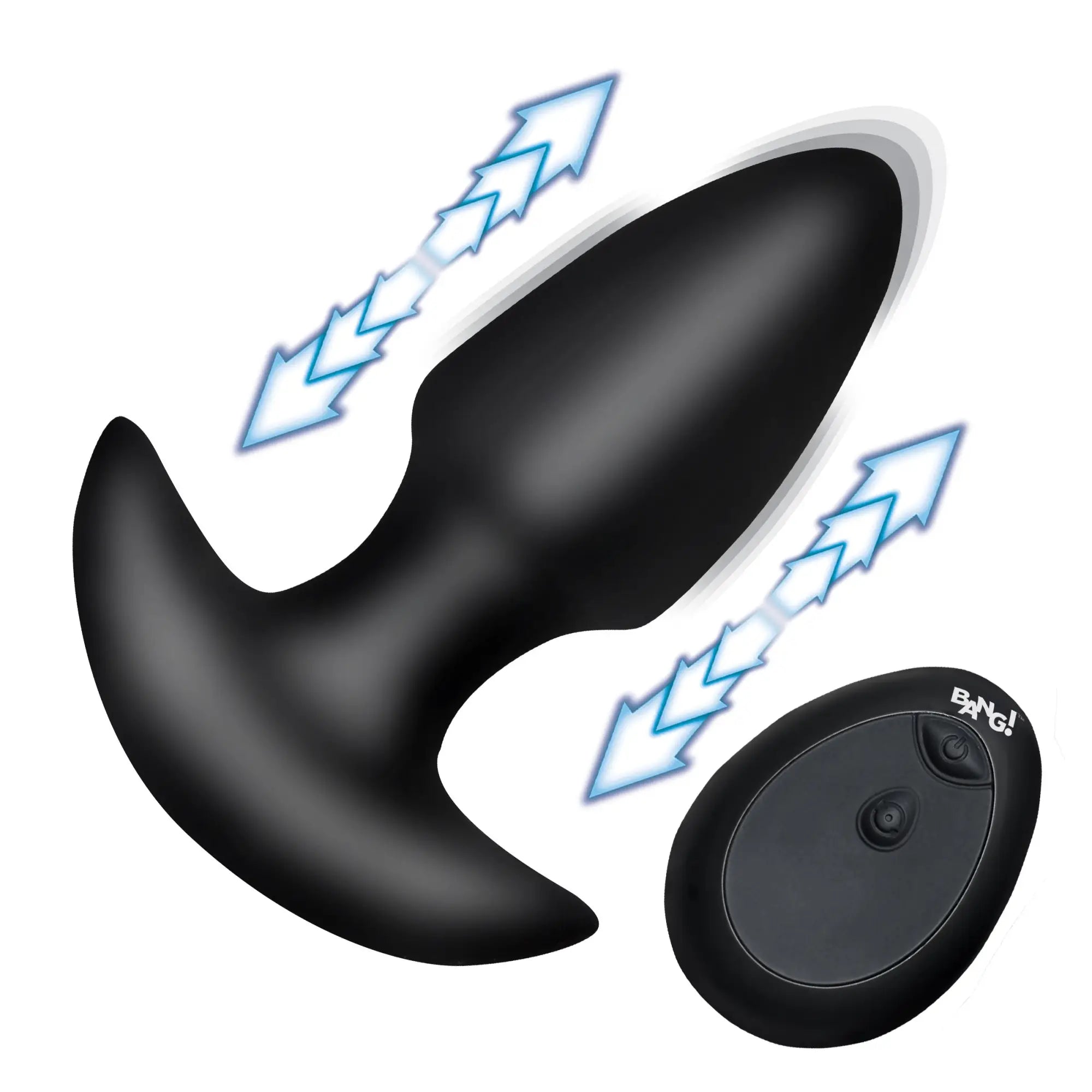Black Bang silicone butt plug with remote control, featuring visual motion arrows indicating thrusting and vibration.