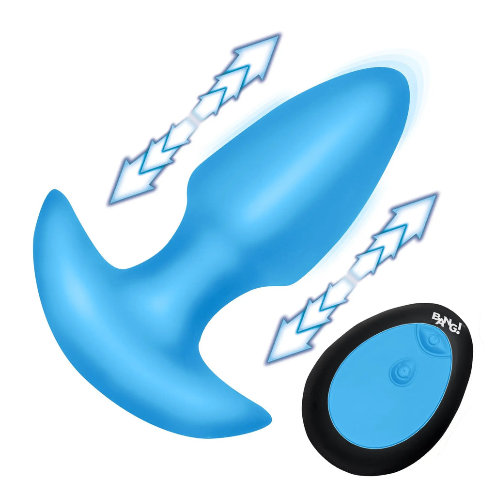 Blue Bang Thrusting & Vibrating silicone butt plug with remote control, showing motion arrows on a white background.