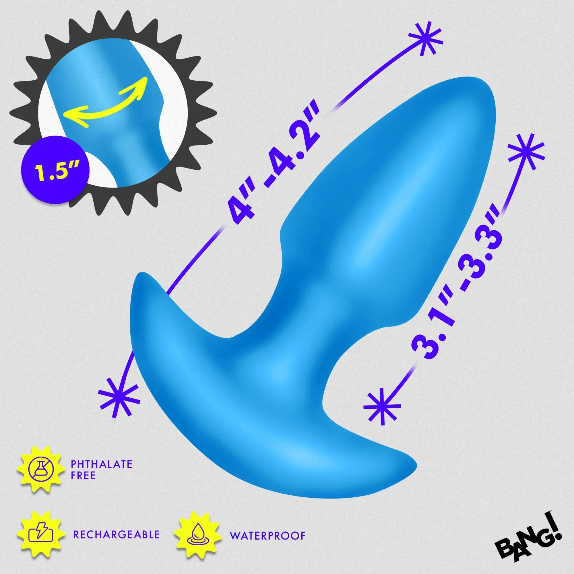 Blue Bang thrusting and vibrating silicone butt plug showing length and width dimensions, plus feature icons.