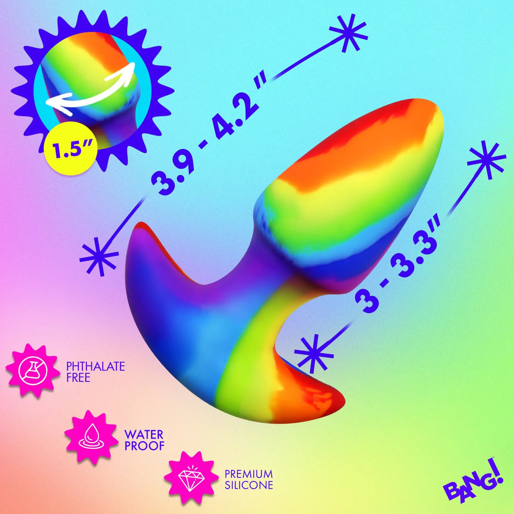 Bang rainbow silicone butt plug showing dimensions, thrusting movement, and waterproof features on a gradient background.