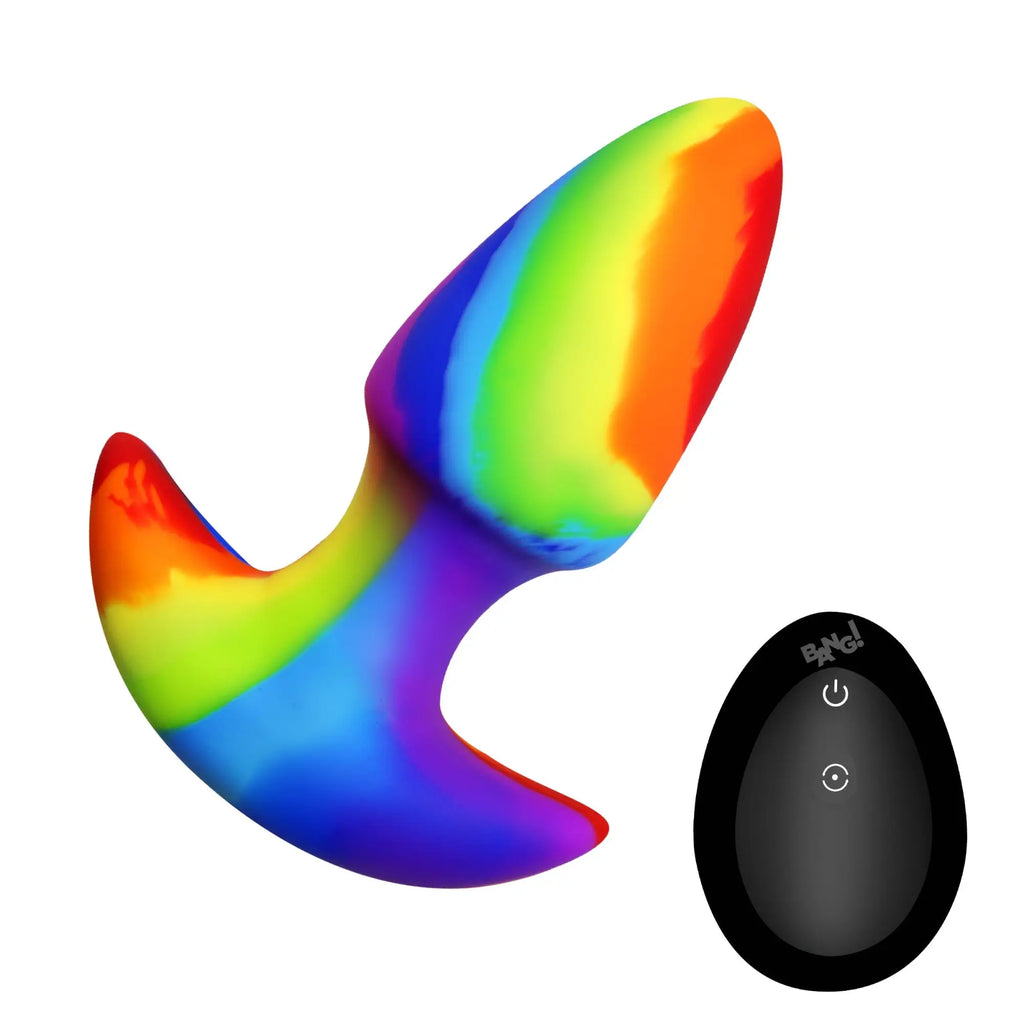 Bang rainbow silicone thrusting and vibrating butt plug with a black handheld remote control on a white background.