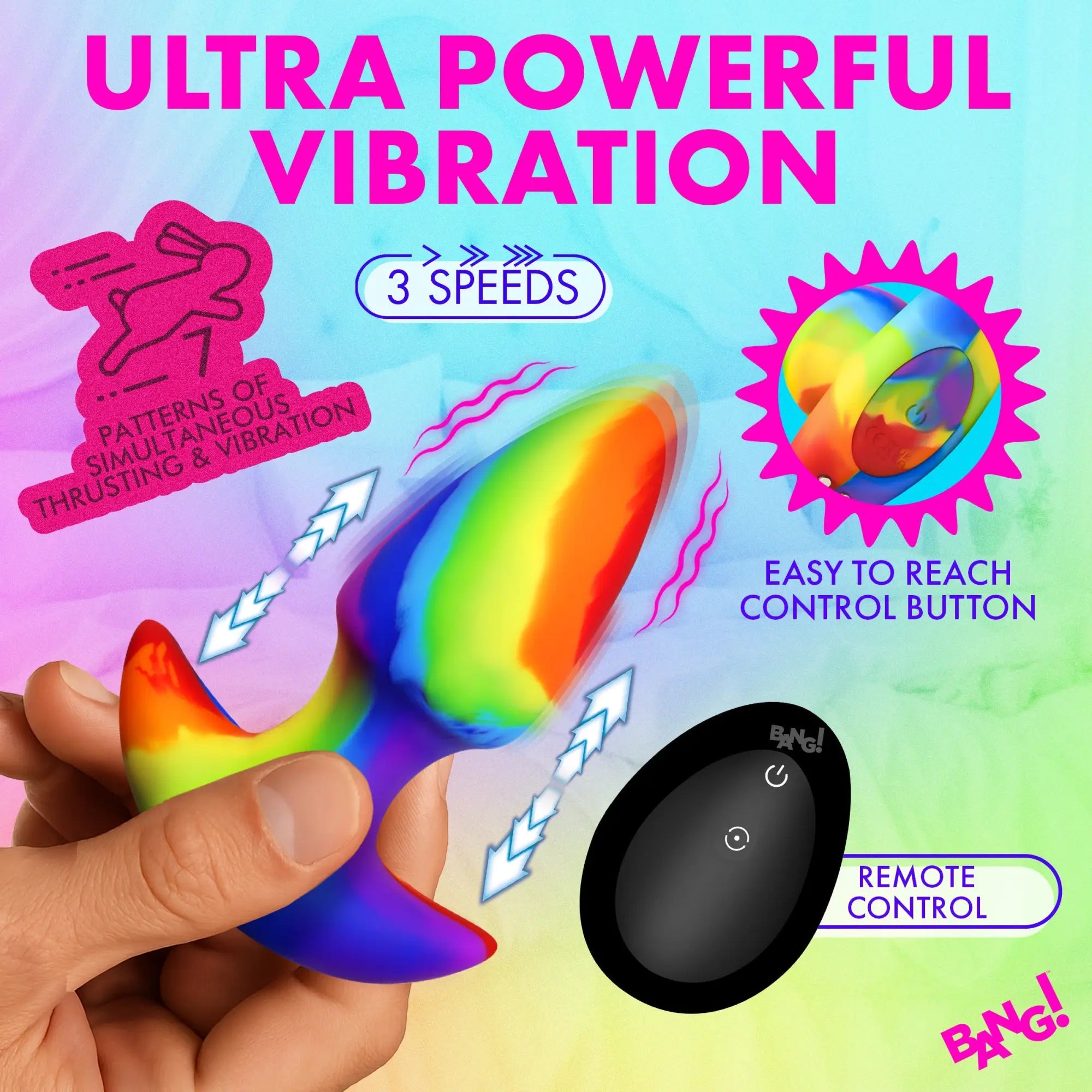 Bang Thrusting and Vibrating butt plug: rainbow-colored silicone toy, shown with remote control and feature icons.