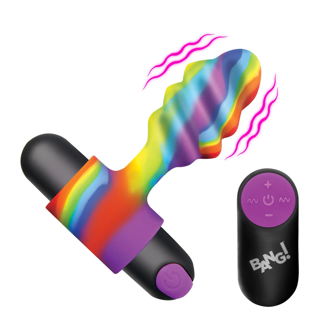 Bang Vibrating Rainbow Butt Plug: A rainbow-patterned, textured silicone plug with black base and remote controller.
