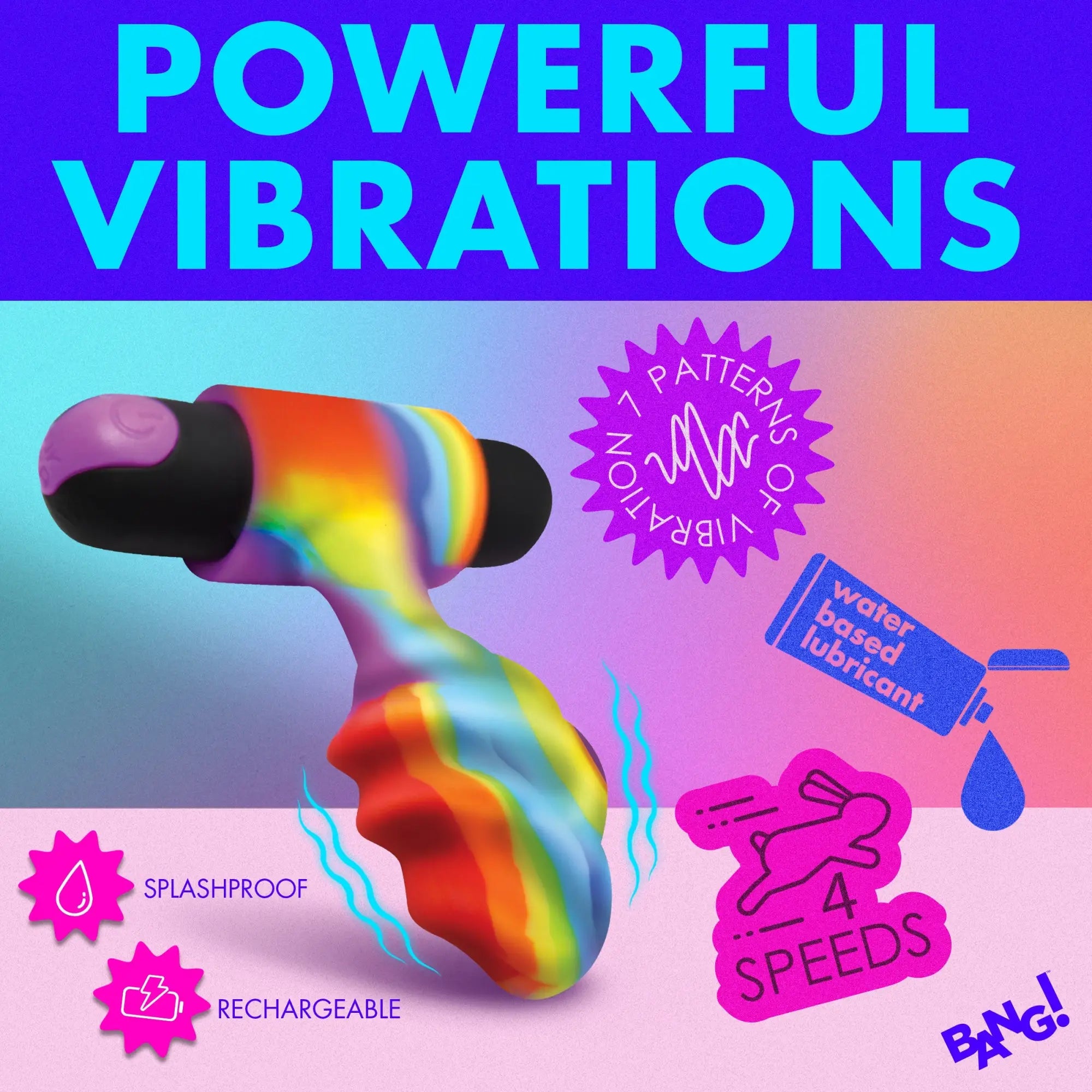 Bang Vibrating Rainbow Butt Plug in multicolored silicone with black accents, shown with icons for features.