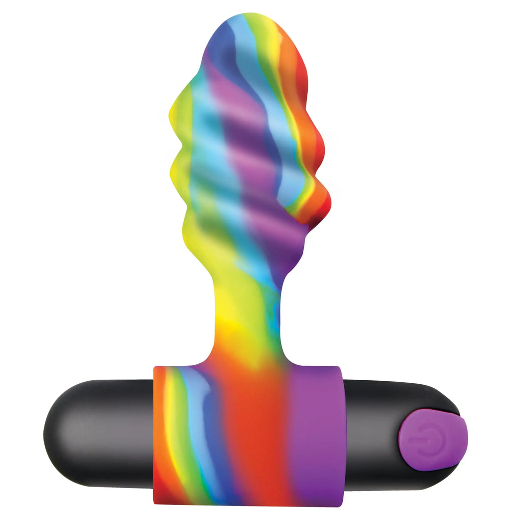 Bang Vibrating Rainbow butt plug featuring a swirling, multi-colored textured shaft and a black base with purple button.