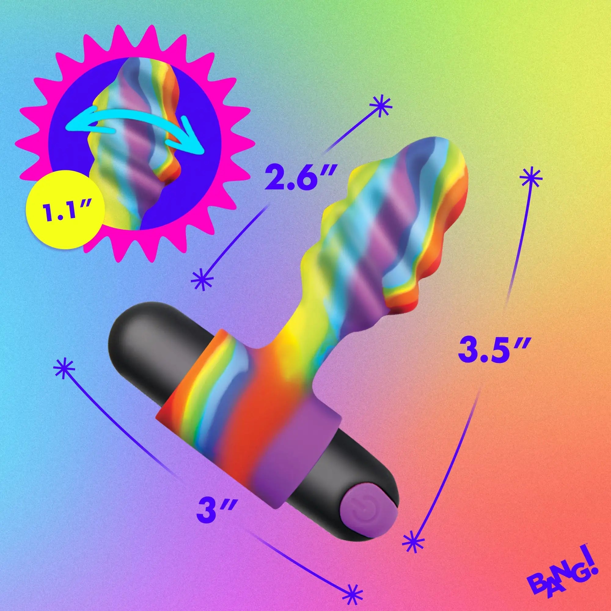 Bang Vibrating Rainbow Butt Plug with textured shaft, black base, and dimensions shown on a colorful gradient background.