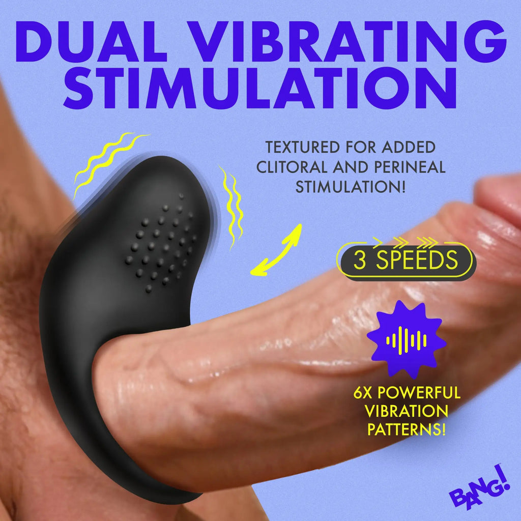 Bang vibrating silicone cock ring in black, featuring a textured design for stimulation, shown on a male anatomy.