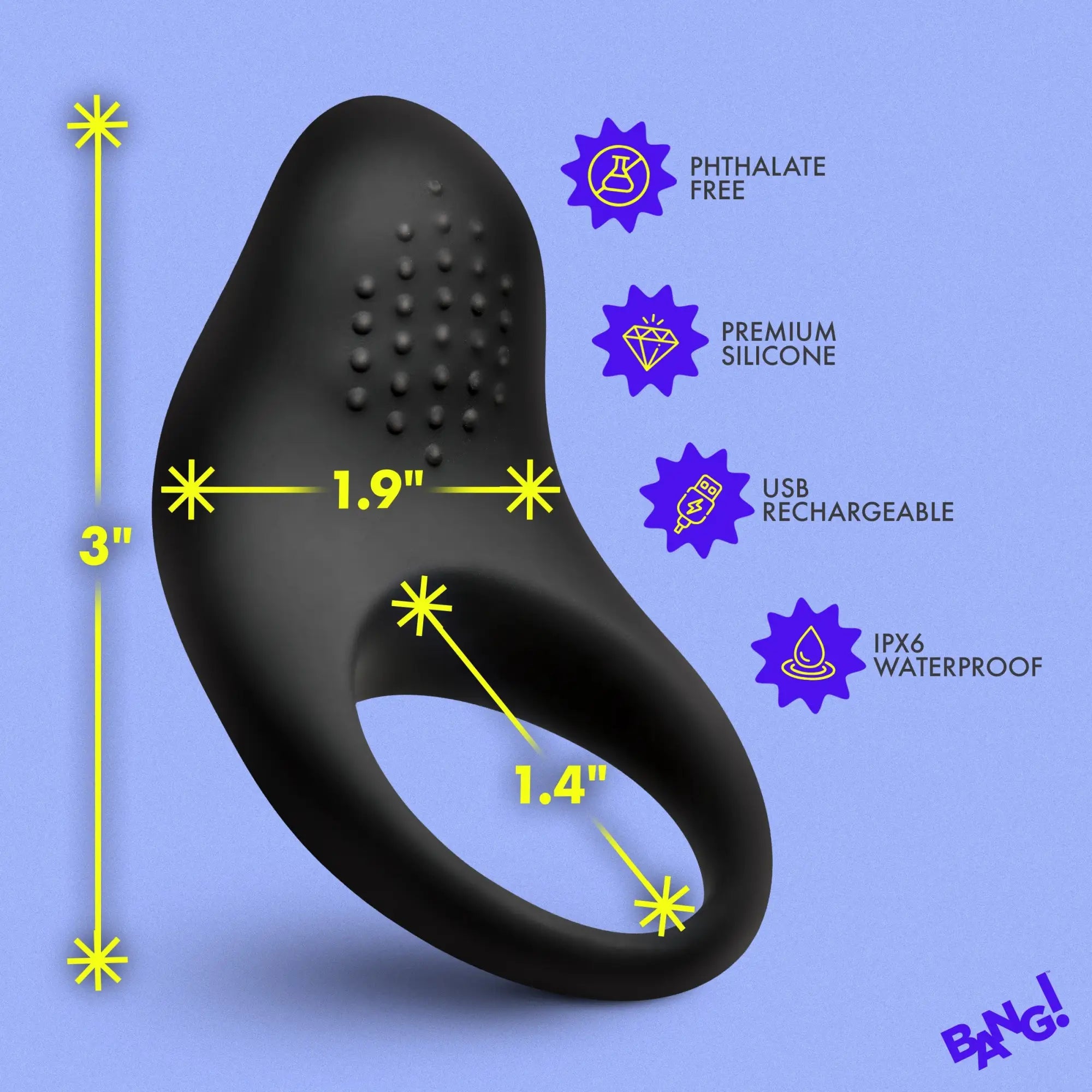 Bang Vibrating Silicone Cock Ring in black, shown with textured stimulation surface and dimension labels on blue background.